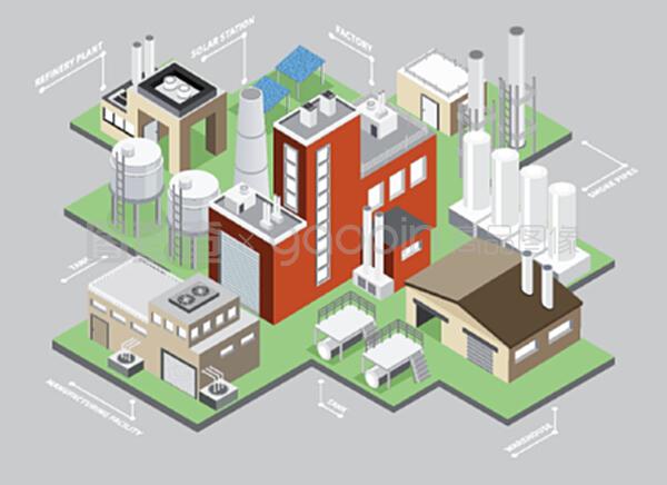 工業(yè)建筑等距信息集 工廠與倉庫矢量插圖在商務信息咨詢中的應用